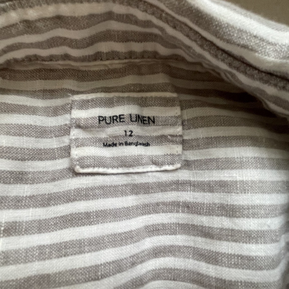Pure Linen Shirt Women US 8 Brown White Striped Top Long Sleeve Lagenlook Blouse - Picture 4 of 14